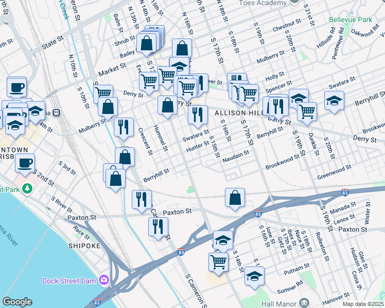 map of restaurants, bars, coffee shops, grocery stores, and more near 428 South 14th Street in Harrisburg