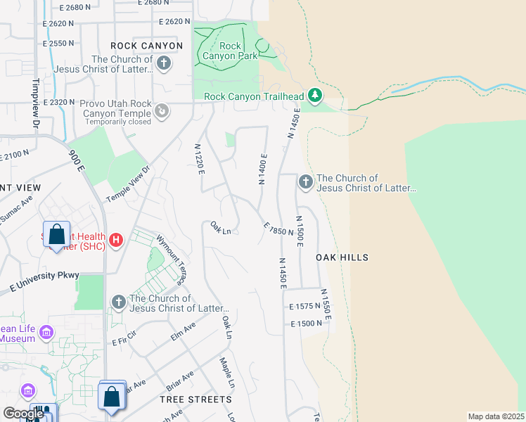map of restaurants, bars, coffee shops, grocery stores, and more near 1900 North 1400 East in Provo