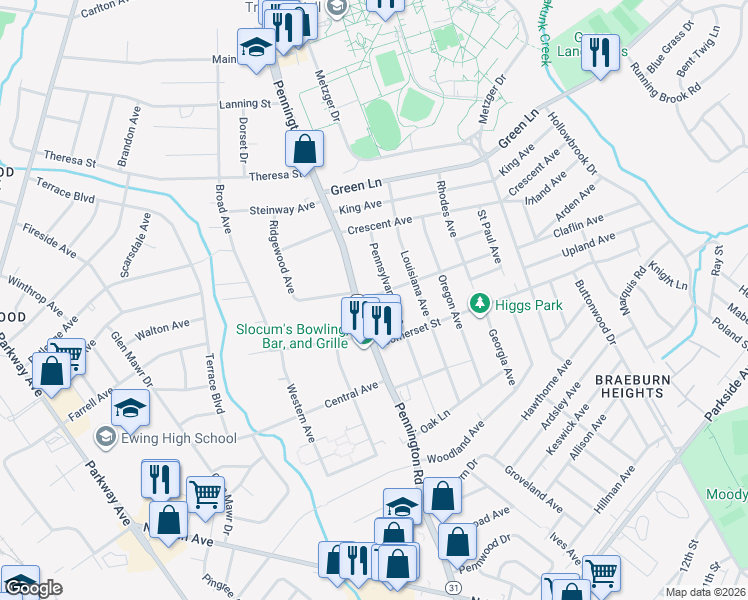 map of restaurants, bars, coffee shops, grocery stores, and more near 1800 Pennington Road in Ewing Township
