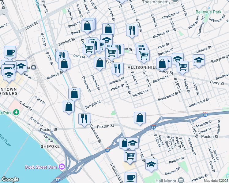 map of restaurants, bars, coffee shops, grocery stores, and more near 428 South 14th Street in Harrisburg