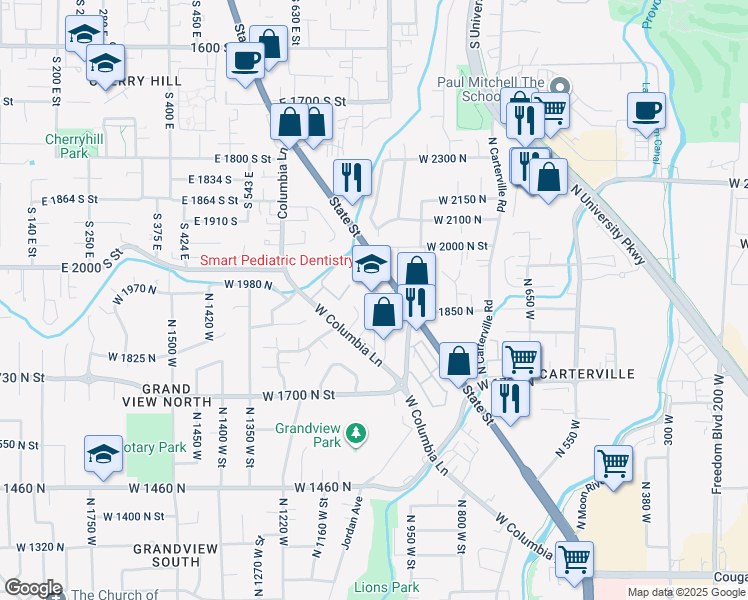 map of restaurants, bars, coffee shops, grocery stores, and more near 1933 North 1120 West in Provo
