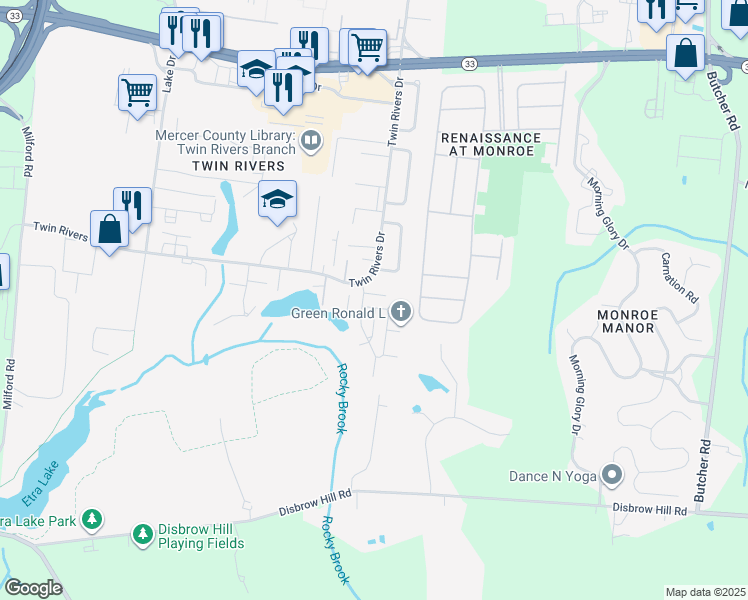 map of restaurants, bars, coffee shops, grocery stores, and more near 92 Hooverton Place in East Windsor