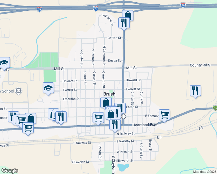 map of restaurants, bars, coffee shops, grocery stores, and more near 611 Cameron Street in Brush