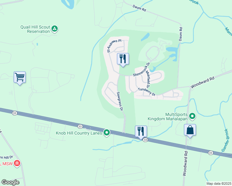 map of restaurants, bars, coffee shops, grocery stores, and more near 8 Inverness Drive in Manalapan Township