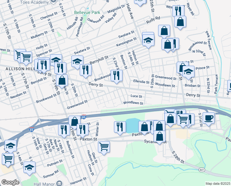 map of restaurants, bars, coffee shops, grocery stores, and more near 706 Melrose Street in Harrisburg