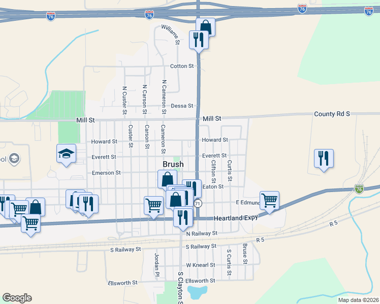 map of restaurants, bars, coffee shops, grocery stores, and more near 621 Clayton Street in Brush