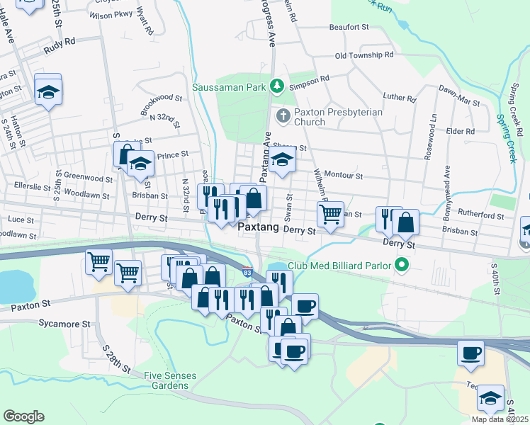map of restaurants, bars, coffee shops, grocery stores, and more near 19 North Paxtang Avenue in Harrisburg