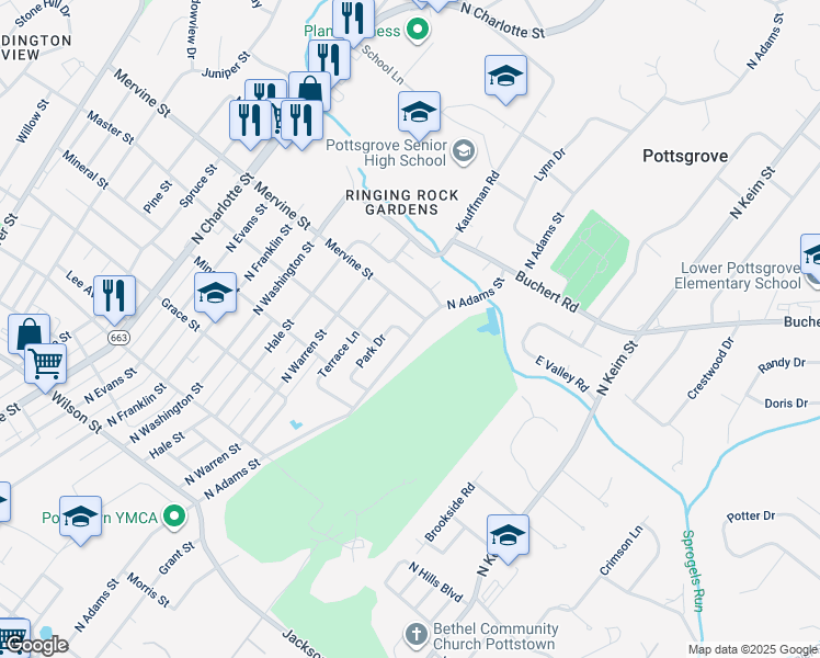 map of restaurants, bars, coffee shops, grocery stores, and more near 1089 North Adams Street in Pottstown