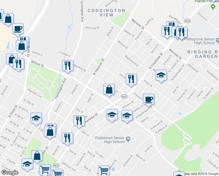 map of restaurants, bars, coffee shops, grocery stores, and more near 288 Diamond Street in Pottstown