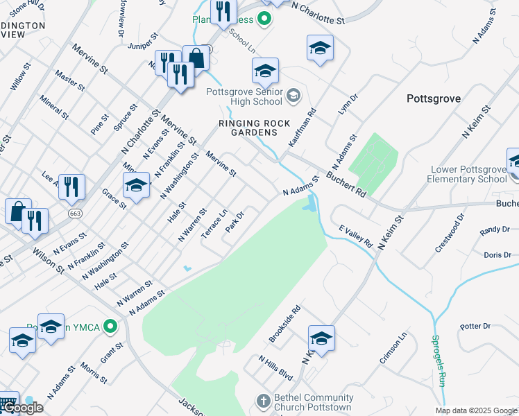 map of restaurants, bars, coffee shops, grocery stores, and more near 1089 North Adams Street in Pottstown