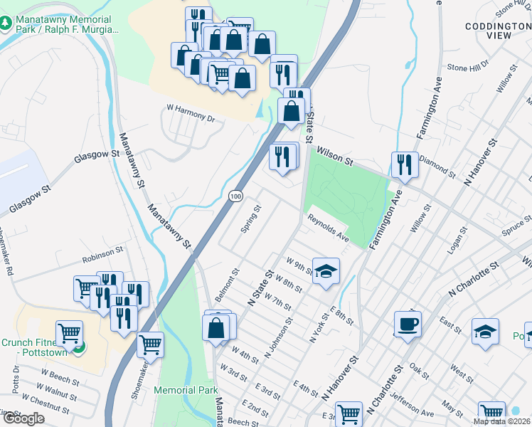 map of restaurants, bars, coffee shops, grocery stores, and more near 517 Spring Street in Pottstown