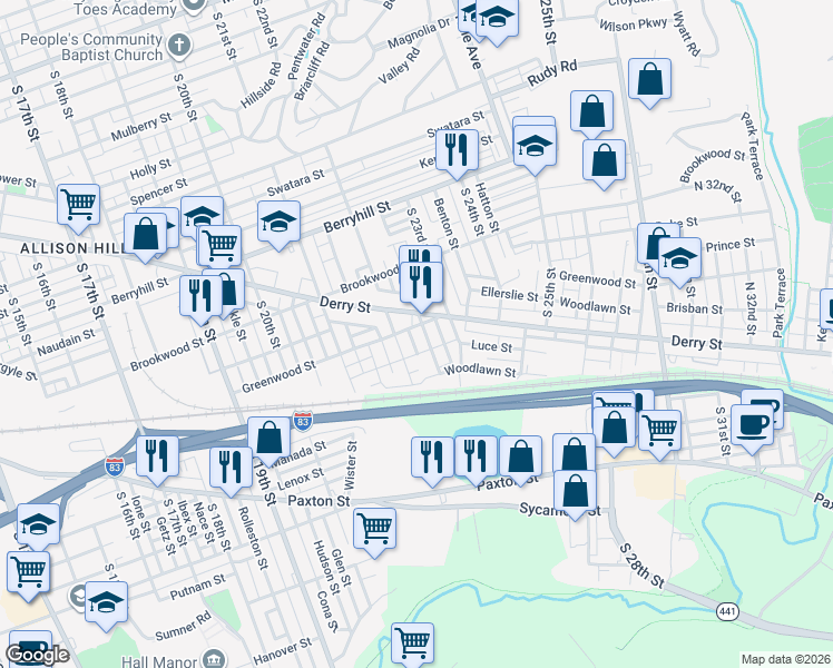 map of restaurants, bars, coffee shops, grocery stores, and more near 2217 Derry Street in Harrisburg