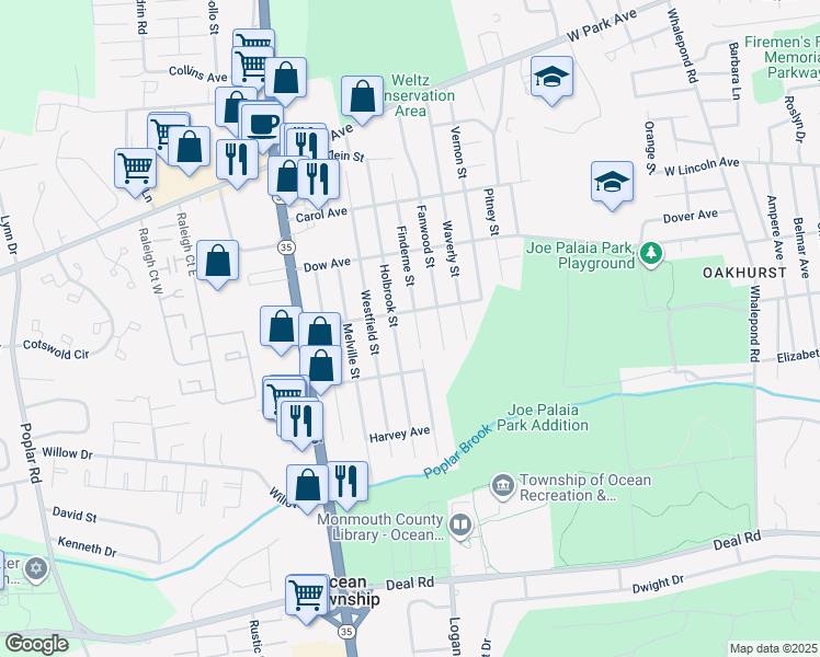 map of restaurants, bars, coffee shops, grocery stores, and more near 1710 Finderne Street in Ocean Township