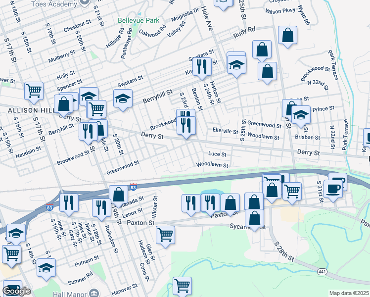 map of restaurants, bars, coffee shops, grocery stores, and more near 706 Melrose Street in Harrisburg