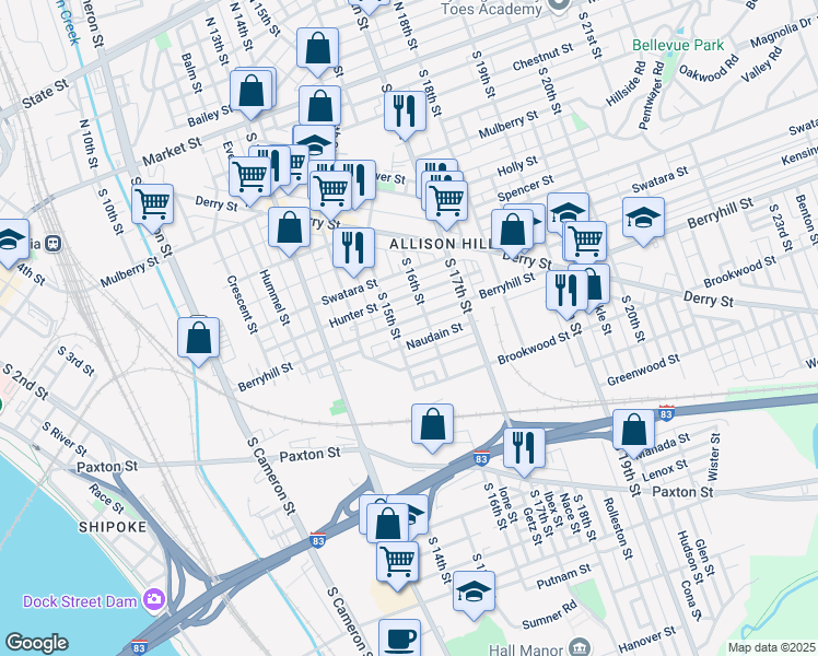 map of restaurants, bars, coffee shops, grocery stores, and more near 1519 Berryhill Street in Harrisburg