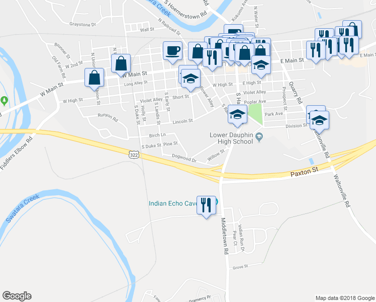 map of restaurants, bars, coffee shops, grocery stores, and more near 280 Linden Road in Hummelstown