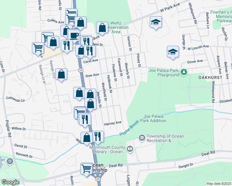 map of restaurants, bars, coffee shops, grocery stores, and more near 1710 Finderne Street in Ocean Township