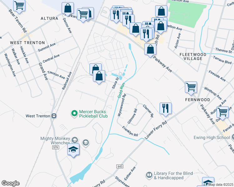 map of restaurants, bars, coffee shops, grocery stores, and more near 288 Clamer Road in Ewing Township
