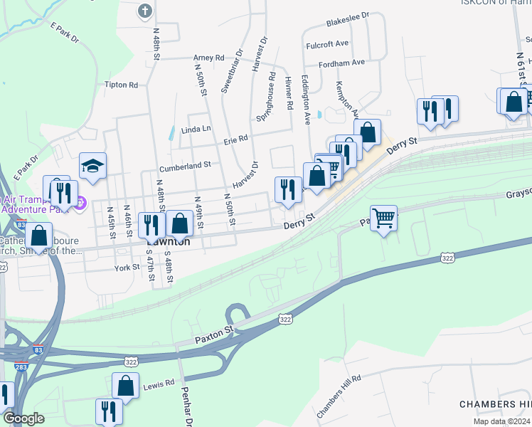 map of restaurants, bars, coffee shops, grocery stores, and more near 5040 Lancaster Street in Harrisburg