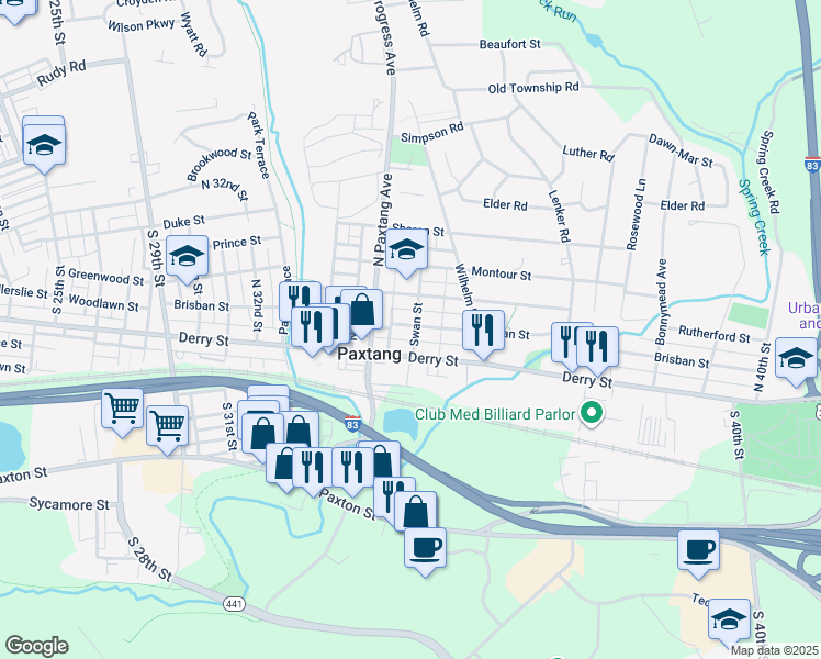 map of restaurants, bars, coffee shops, grocery stores, and more near 3602 Brisban Street in Harrisburg