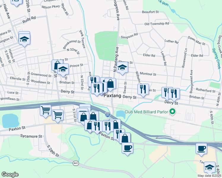 map of restaurants, bars, coffee shops, grocery stores, and more near 101 North Paxtang Avenue in Harrisburg