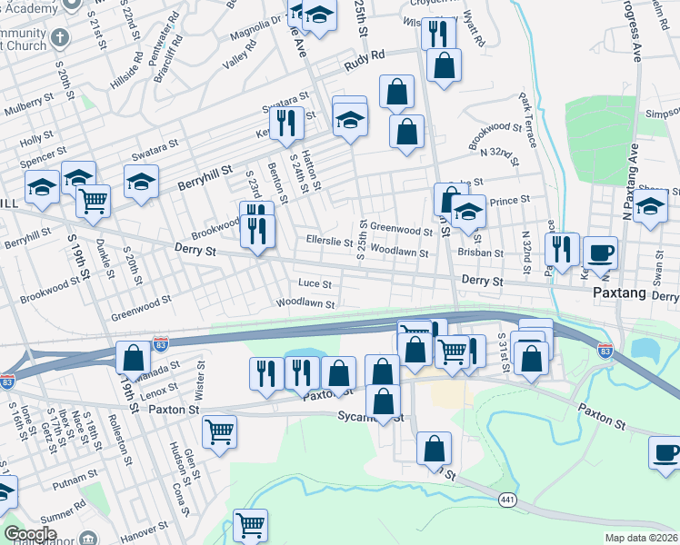 map of restaurants, bars, coffee shops, grocery stores, and more near 2426 Derry Street in Harrisburg