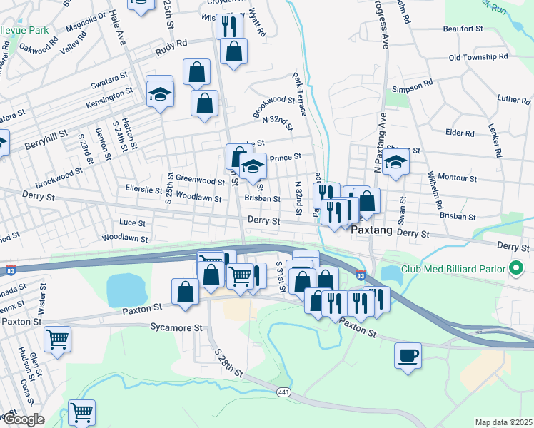 map of restaurants, bars, coffee shops, grocery stores, and more near 3006 Derry Street in Harrisburg
