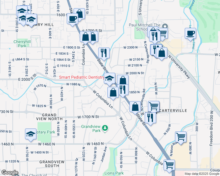 map of restaurants, bars, coffee shops, grocery stores, and more near 1933 North 1120 West in Provo