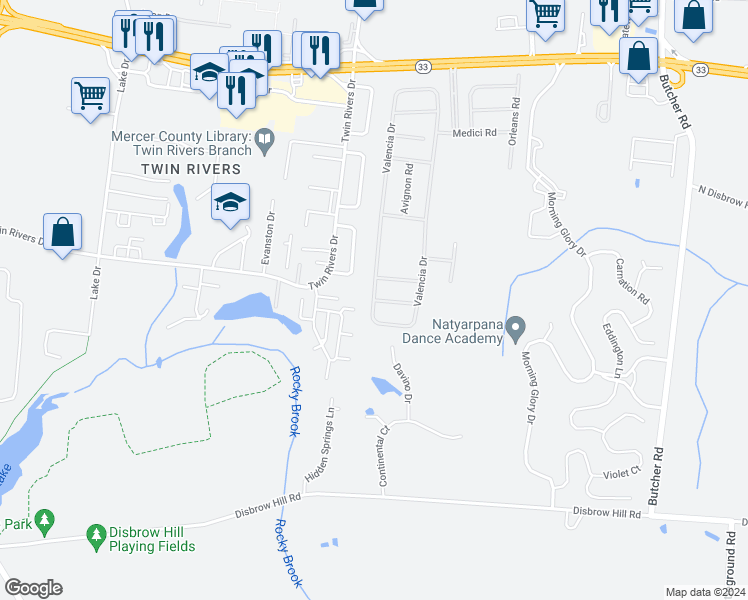 map of restaurants, bars, coffee shops, grocery stores, and more near Gascony Road in Monroe Township