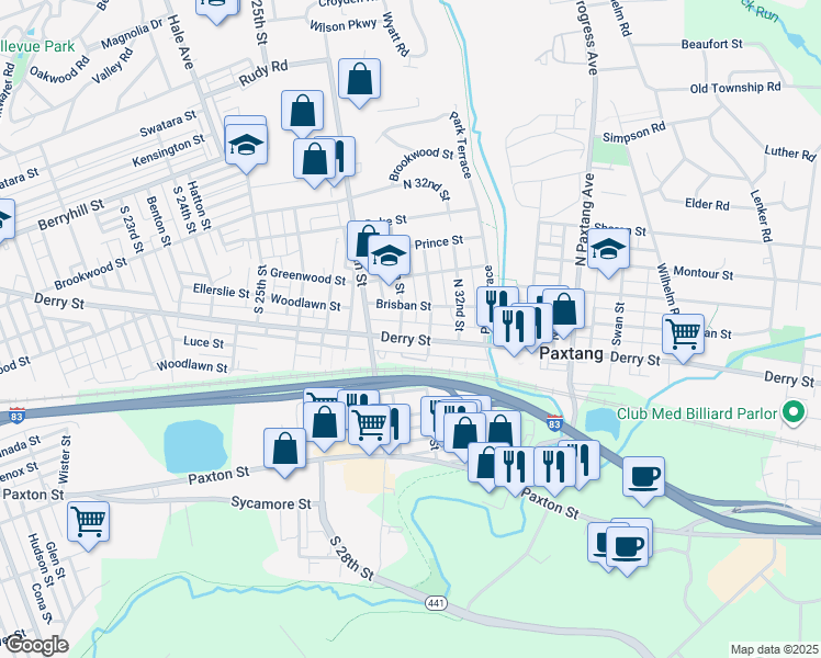 map of restaurants, bars, coffee shops, grocery stores, and more near 3006 Derry Street in Harrisburg