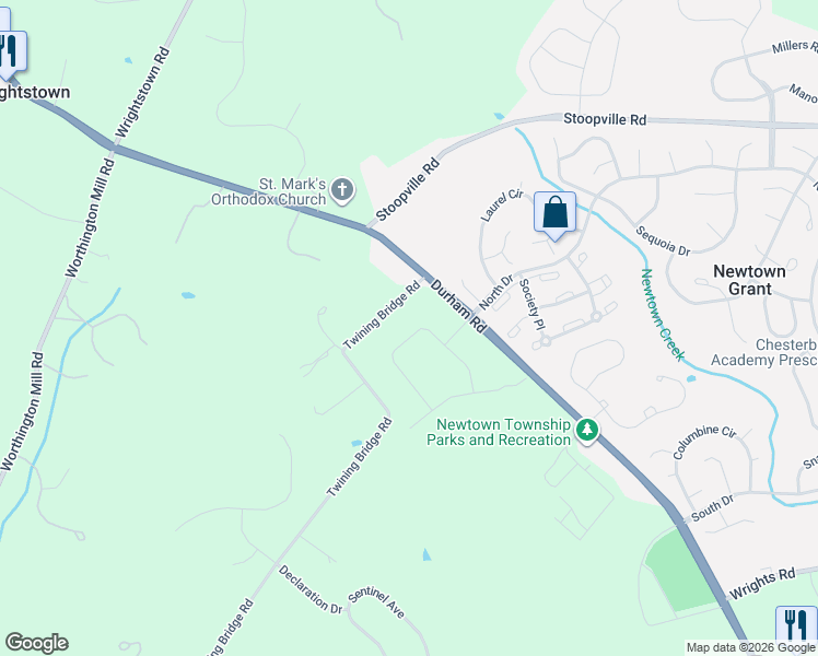 map of restaurants, bars, coffee shops, grocery stores, and more near 196 Twining Bridge Road in Newtown