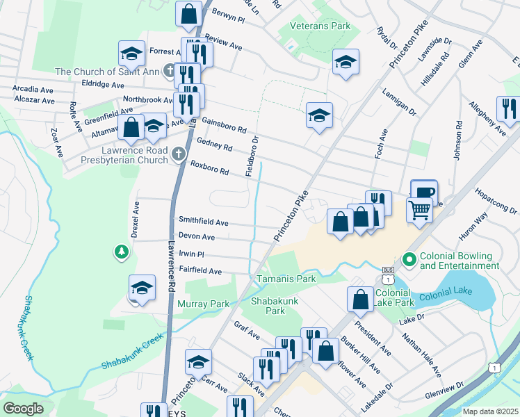 map of restaurants, bars, coffee shops, grocery stores, and more near 21 Renee Court in Lawrence Township
