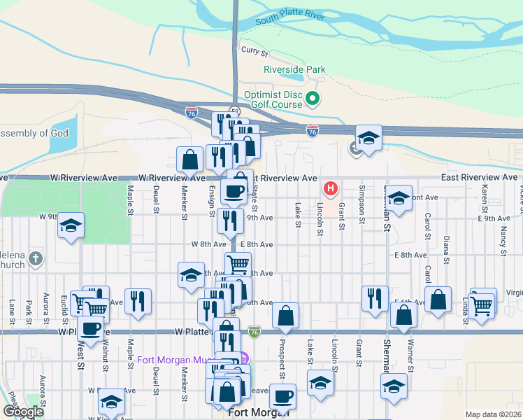 map of restaurants, bars, coffee shops, grocery stores, and more near 1008 State Street in Fort Morgan