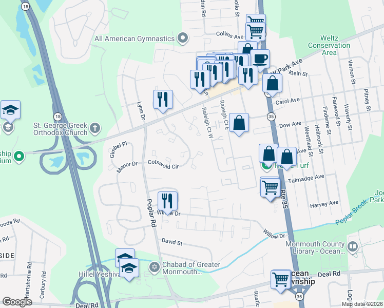 map of restaurants, bars, coffee shops, grocery stores, and more near 54 Cotswold Circle in Monmouth County