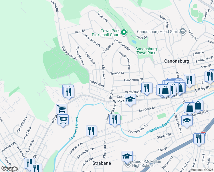 map of restaurants, bars, coffee shops, grocery stores, and more near 229 Bluff Street in Canonsburg