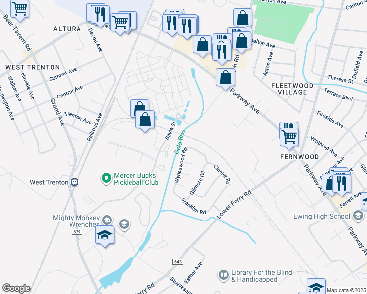 map of restaurants, bars, coffee shops, grocery stores, and more near 288 Clamer Road in Ewing Township