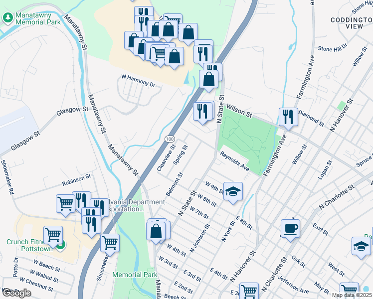 map of restaurants, bars, coffee shops, grocery stores, and more near 510 Spring Street in Pottstown