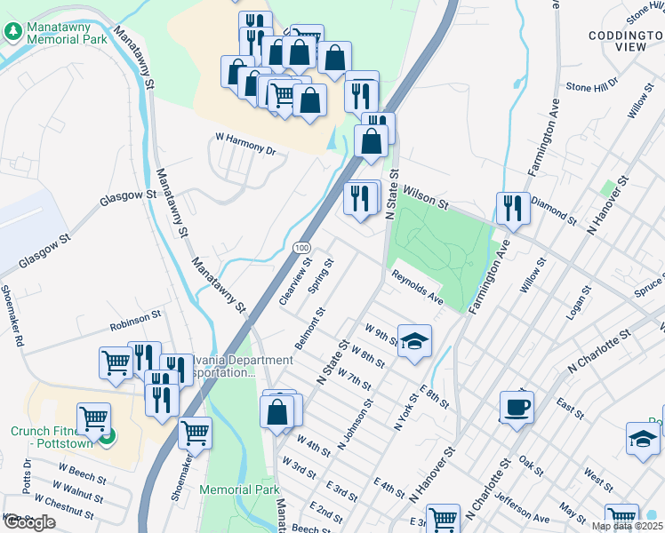map of restaurants, bars, coffee shops, grocery stores, and more near 510 Spring Street in Pottstown