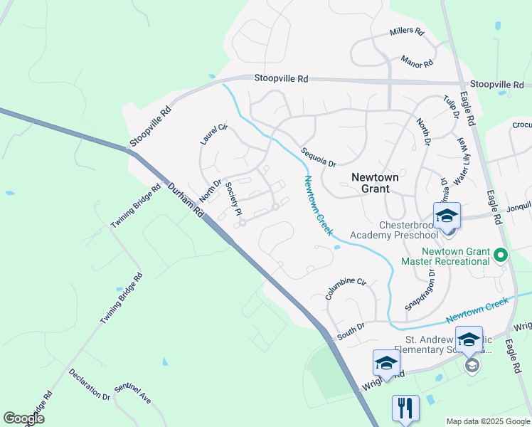 map of restaurants, bars, coffee shops, grocery stores, and more near 2406 Society Place in Newtown