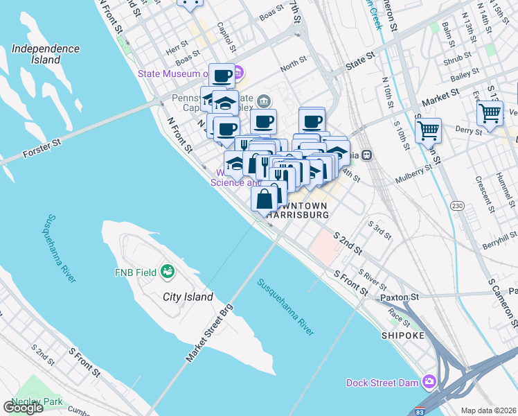 map of restaurants, bars, coffee shops, grocery stores, and more near 114 Walnut Street in Harrisburg