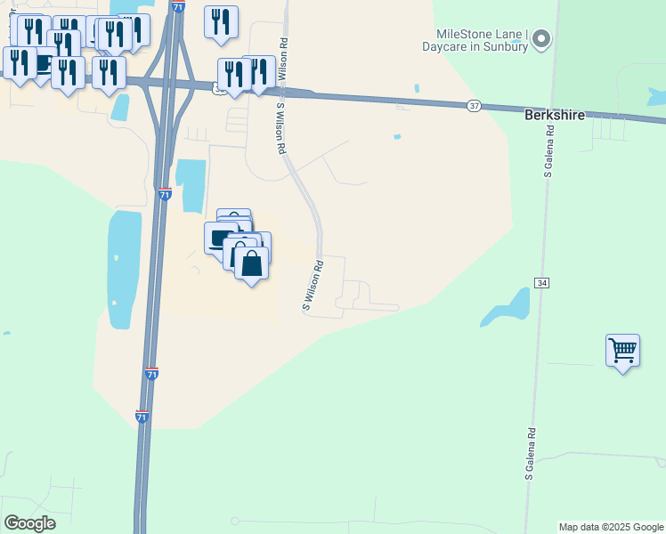 map of restaurants, bars, coffee shops, grocery stores, and more near 7800 District Crossing in Sunbury