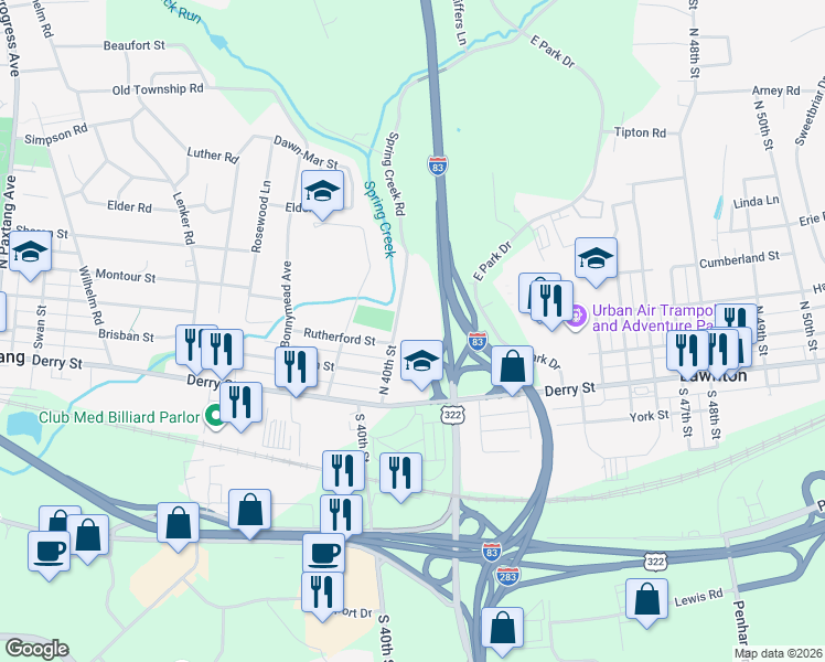 map of restaurants, bars, coffee shops, grocery stores, and more near 201 Francis L Cadden Pkwy in Harrisburg