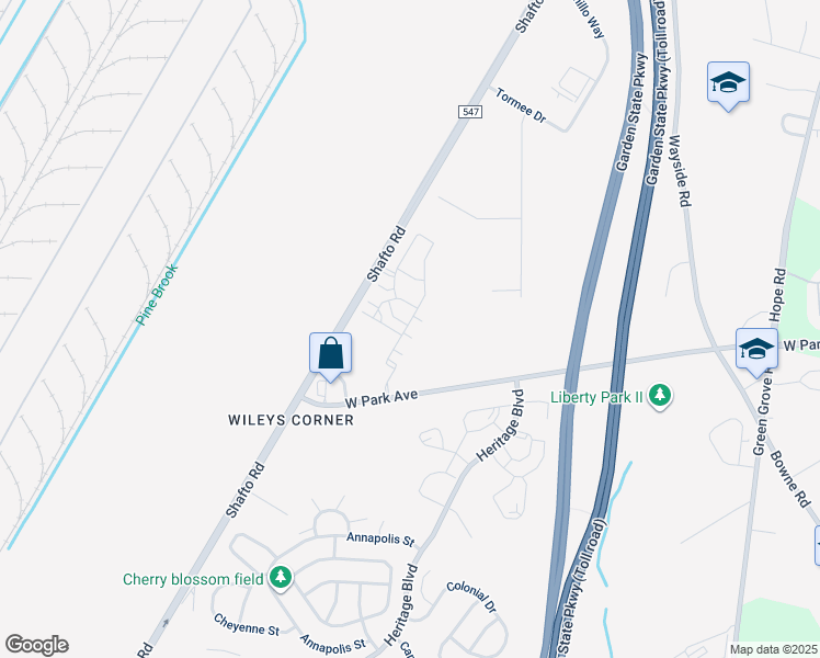 map of restaurants, bars, coffee shops, grocery stores, and more near 18 Kyle Drive in Tinton Falls