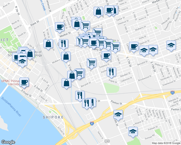 map of restaurants, bars, coffee shops, grocery stores, and more near 1237 Swatara Street in Harrisburg