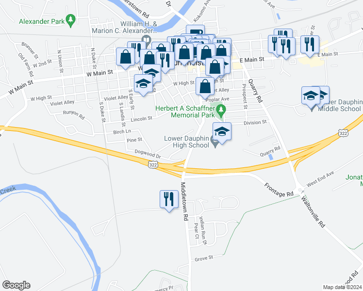 map of restaurants, bars, coffee shops, grocery stores, and more near 256 Willow Street in Hummelstown