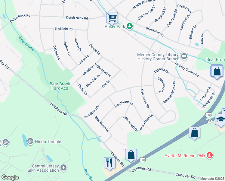 map of restaurants, bars, coffee shops, grocery stores, and more near 28 Woodland Drive in East Windsor