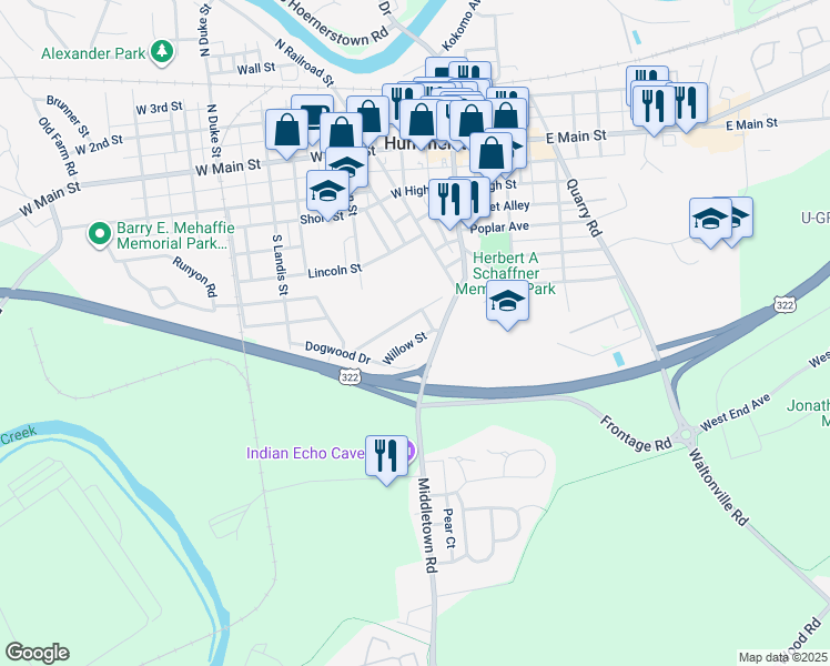 map of restaurants, bars, coffee shops, grocery stores, and more near 256 Willow Street in Hummelstown