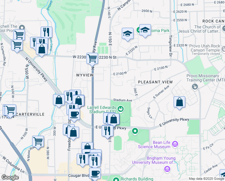 map of restaurants, bars, coffee shops, grocery stores, and more near 1960 North Canyon Road in Provo