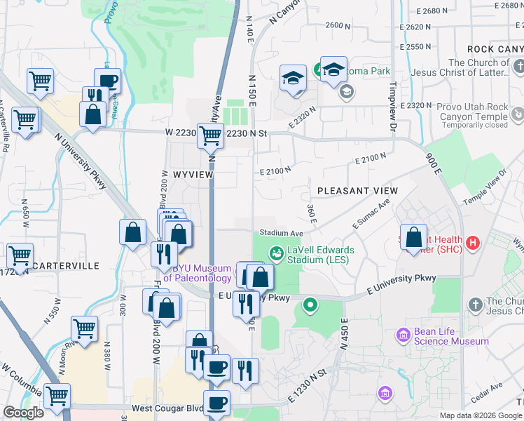 map of restaurants, bars, coffee shops, grocery stores, and more near 1960 North Canyon Road in Provo
