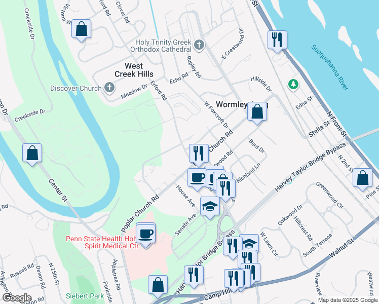 map of restaurants, bars, coffee shops, grocery stores, and more near 630 Grandview Avenue in Camp Hill